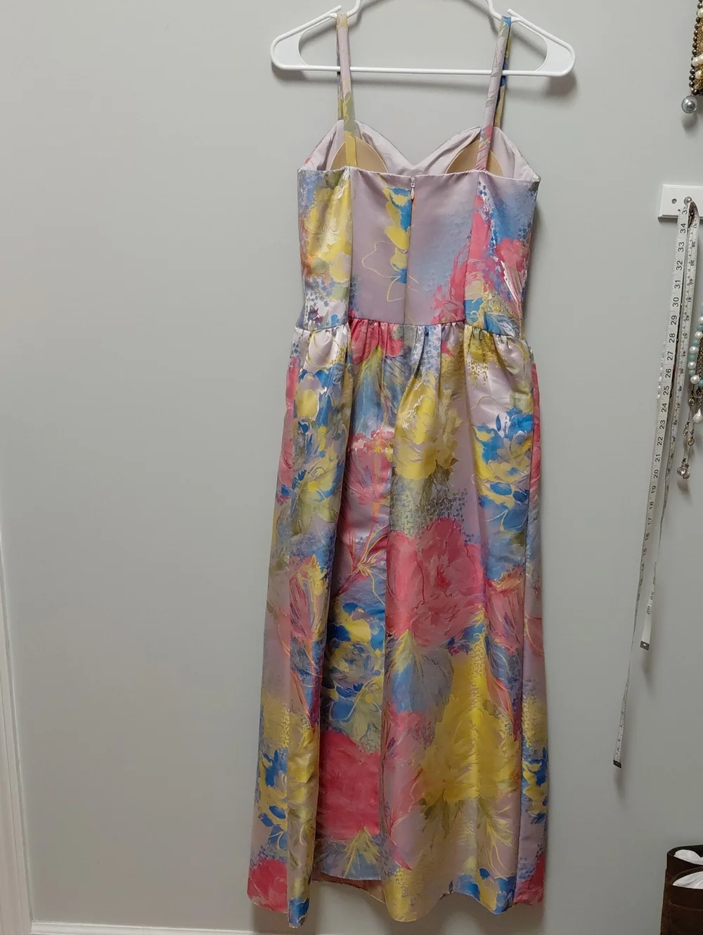 Aidan Mattox  Floral Satin Maxi Dress in Pink, Yellow & Blue